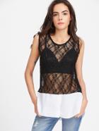 Shein Black Sheer Floral Lace Contrast Hem Tank Top