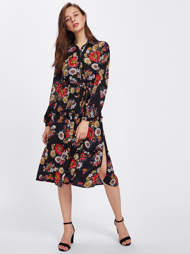 Shein Flower Print Slit Side Tiered Shirt Dress