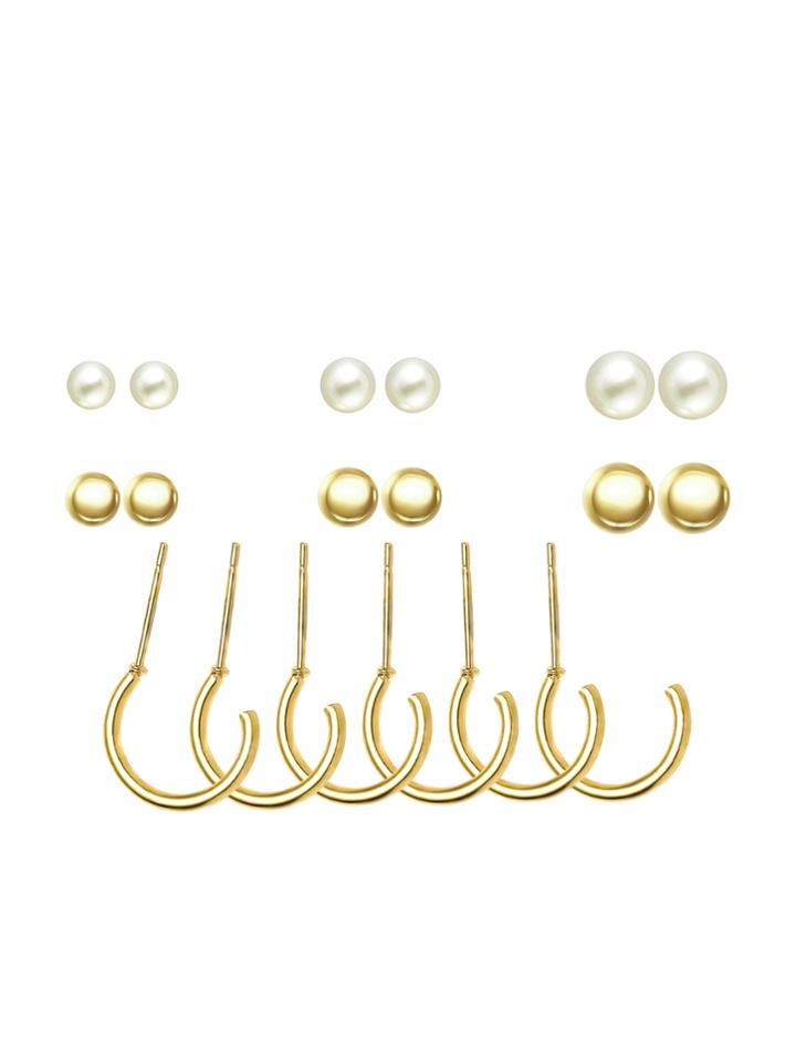 Shein Gold Plated Faux Pearl Geo Earring Set