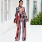 Shein Striped Split Sleeve Cut Out Front Jumpsuit