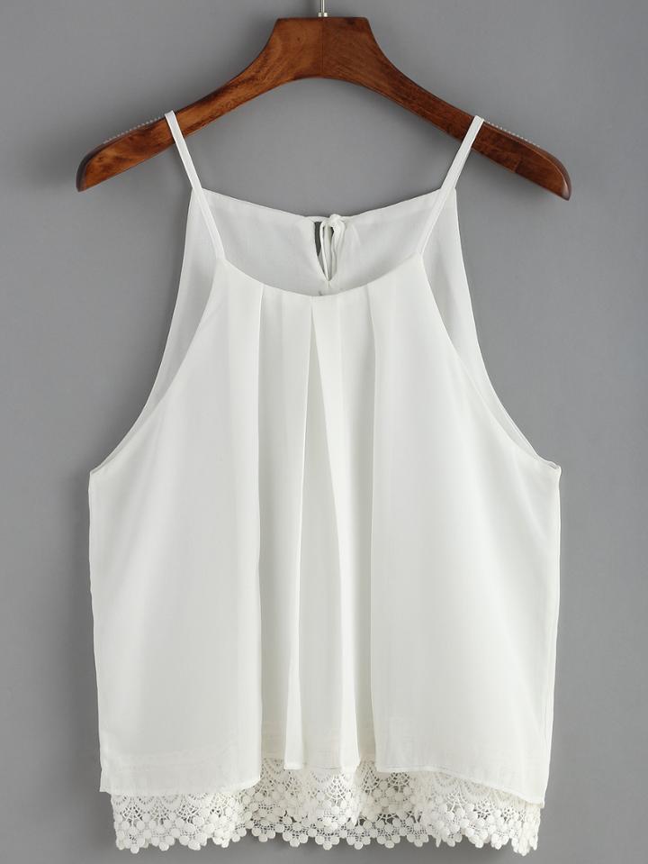 Shein Spaghetti Strap Crochet Lace Up Chiffon Cami Top