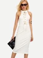 Shein Halter Neck Lace-up Slit Back Sheath Dress - White