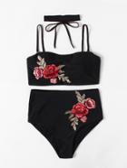 Shein Flower Embroidery Bikini Set With Choker