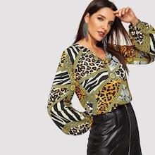 Shein Elastic Cuff Mixed Print Blouse