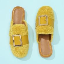 Shein Pu Buckle Strap Detail Fuzzy Flat Mules