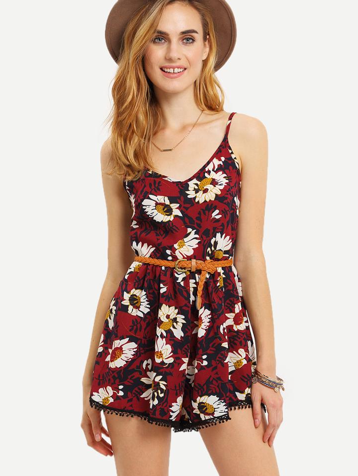 Shein Belted Daisy Print Cami Romper