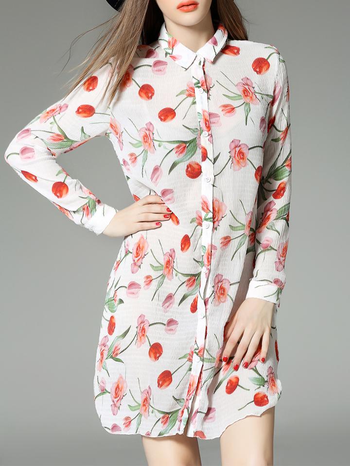 Shein White Lapel Floral Pleated Dress