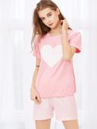 Shein Heart Print Tee And Striped Shorts Pajama Set