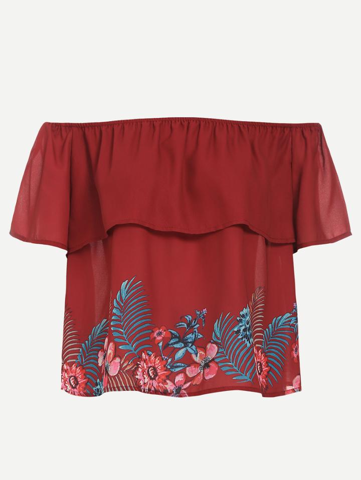 Shein Burgundy Tropical Print Ruffled Off The Shoulder Blouse