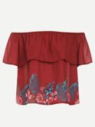 Shein Burgundy Tropical Print Ruffled Off The Shoulder Blouse