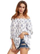 Shein Printed Shirred Off The Shoulder Pleated Blouse