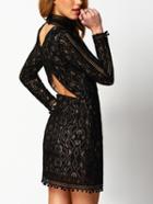 Shein Black Stand Collar Lace Backless Dress