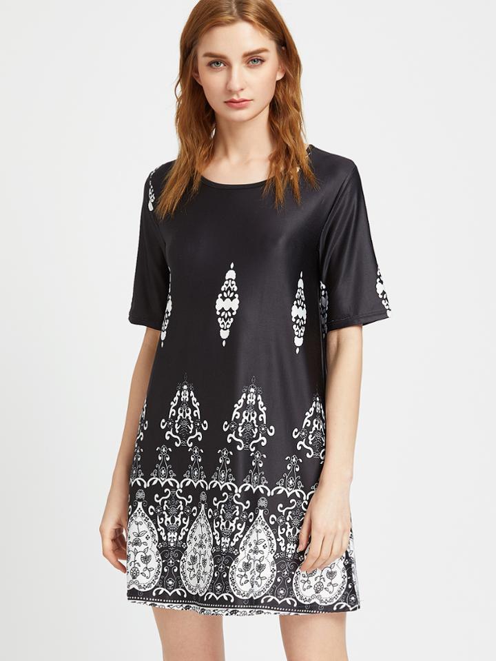 Shein Black Vintage Print Tunic Dress