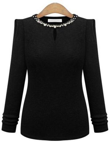 Shein Black Beaded Neck Keyhole Front Ribbed Sweater
