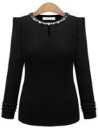 Shein Black Beaded Neck Keyhole Front Ribbed Sweater