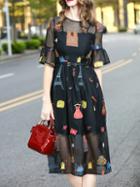 Shein Bell Sleeve Embroidered Sheer Dress