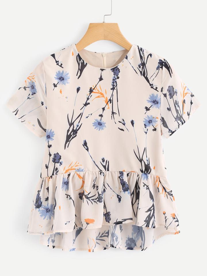 Shein Botanical Print Ruffle Hem Blouse