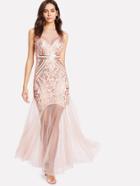 Shein Illusion Neckline Mesh Insert Open Back Sequin Dress