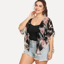 Shein Plus Feather Print Fringe Hem Cardigan