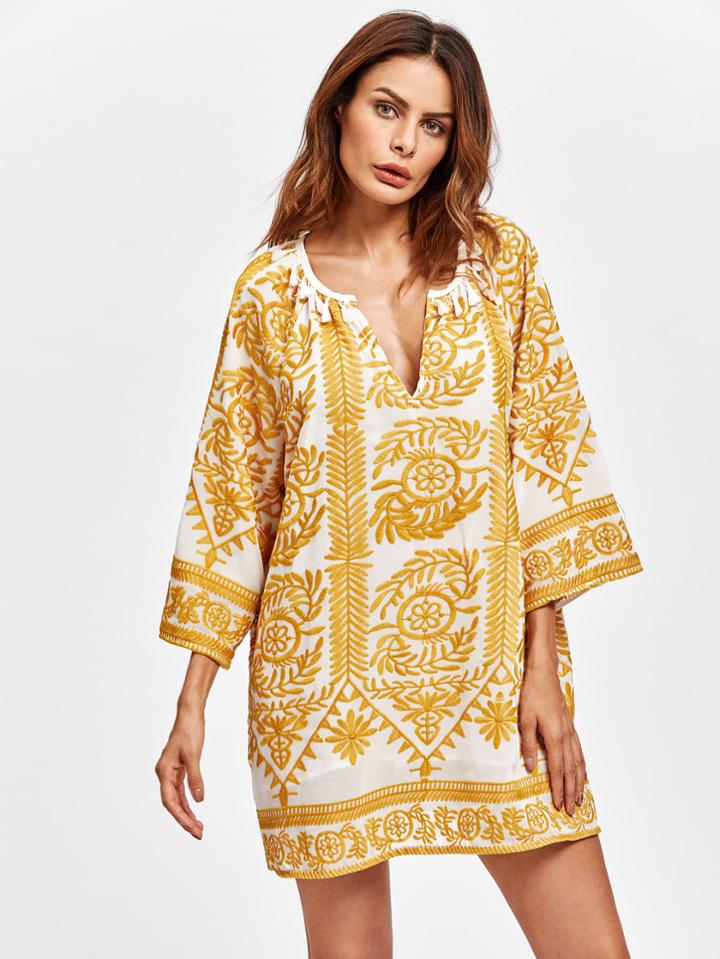 Shein V Cut Tassel Trim Embroidered Dress