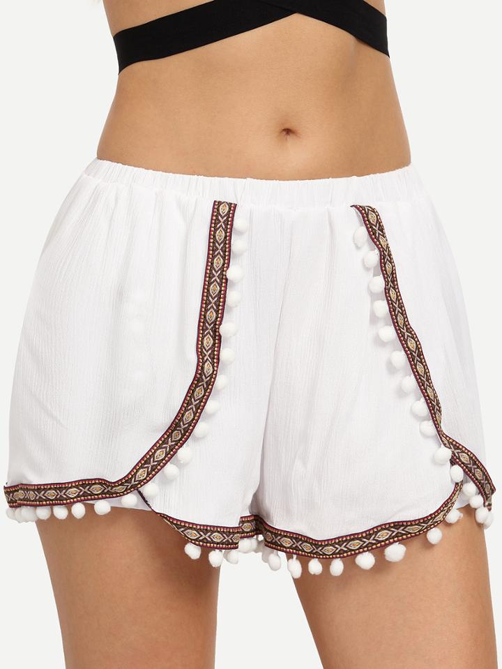 Shein Pom-pom Embroidered Tape Embellished Shorts - White