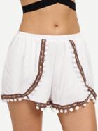 Shein Pom-pom Embroidered Tape Embellished Shorts - White