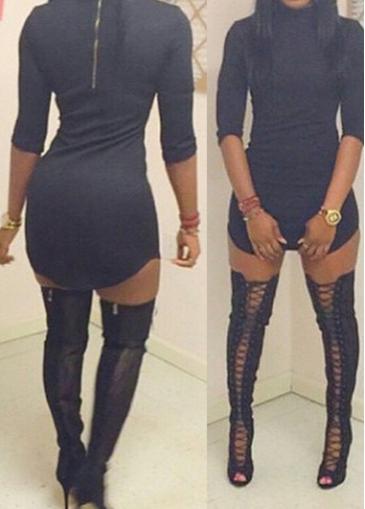 Rosewe Back Zipper Closure Black Half Sleeve Dress