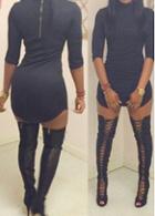 Rosewe Back Zipper Closure Black Half Sleeve Dress