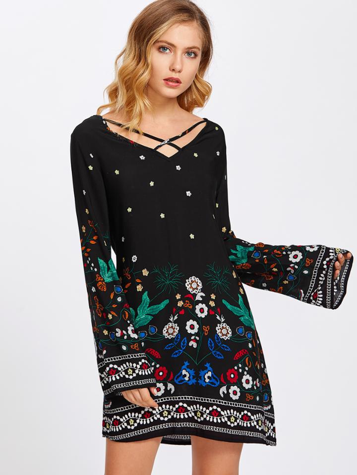 Shein Floral Print Criss Cross Front Dress