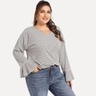 Shein Plus Lace Insert Bell Sleeve Striped Tee