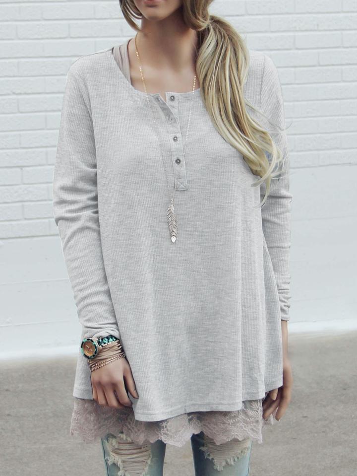 Shein Grey Round Neck Buttons Long T-shirt