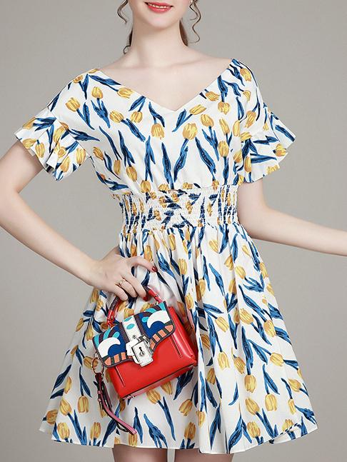 Shein White V Neck Elastic-waist Print A-line Dress
