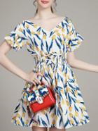 Shein White V Neck Elastic-waist Print A-line Dress