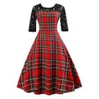 Shein Plaid Round Neck Contrast Lace Dress