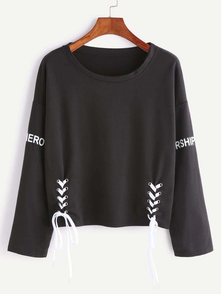 Shein Black Letter Print Patch Eyelet Lace Up Hem T-shirt