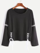 Shein Black Letter Print Patch Eyelet Lace Up Hem T-shirt