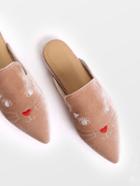 Shein Apricot Cat Embroidery Point Toe Velvet Slippers