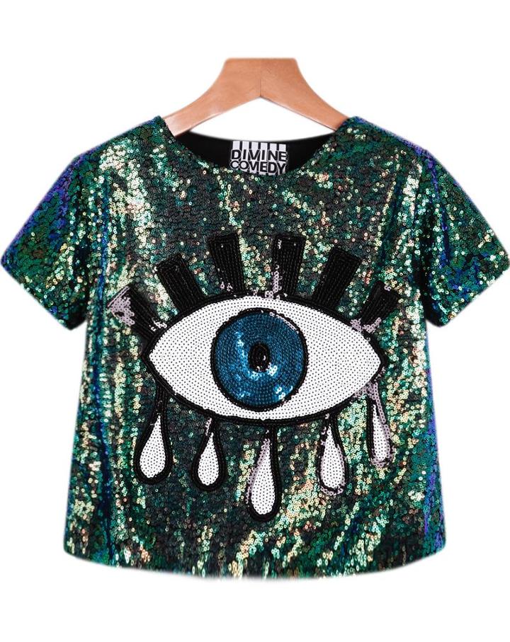 Shein Green Short Sleeve Sequined Eye Print Blouse