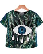 Shein Green Short Sleeve Sequined Eye Print Blouse