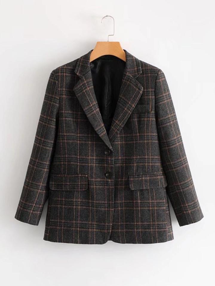 Shein Double Button Dual Pocket Plaid Blazer