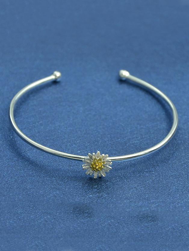 Shein New Design 925 Silver Adjustable Cuff Bracelet With Flower