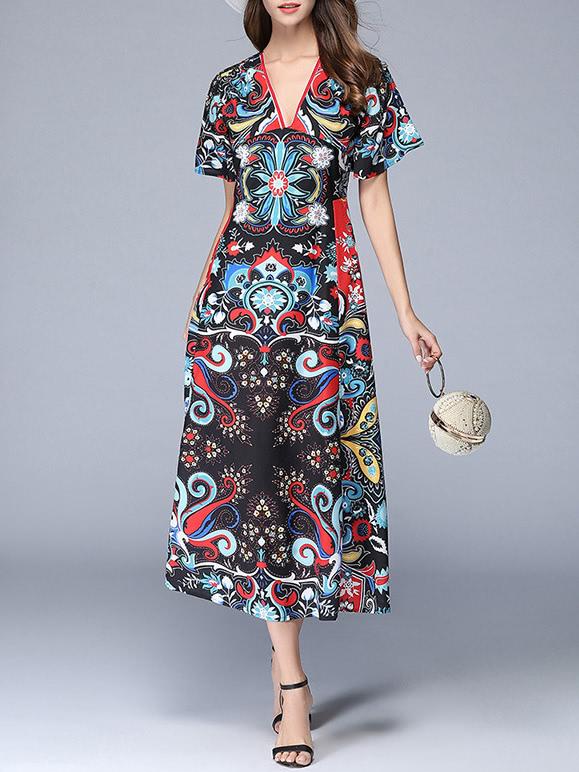 Shein V Neck Vintage Print Long Dress