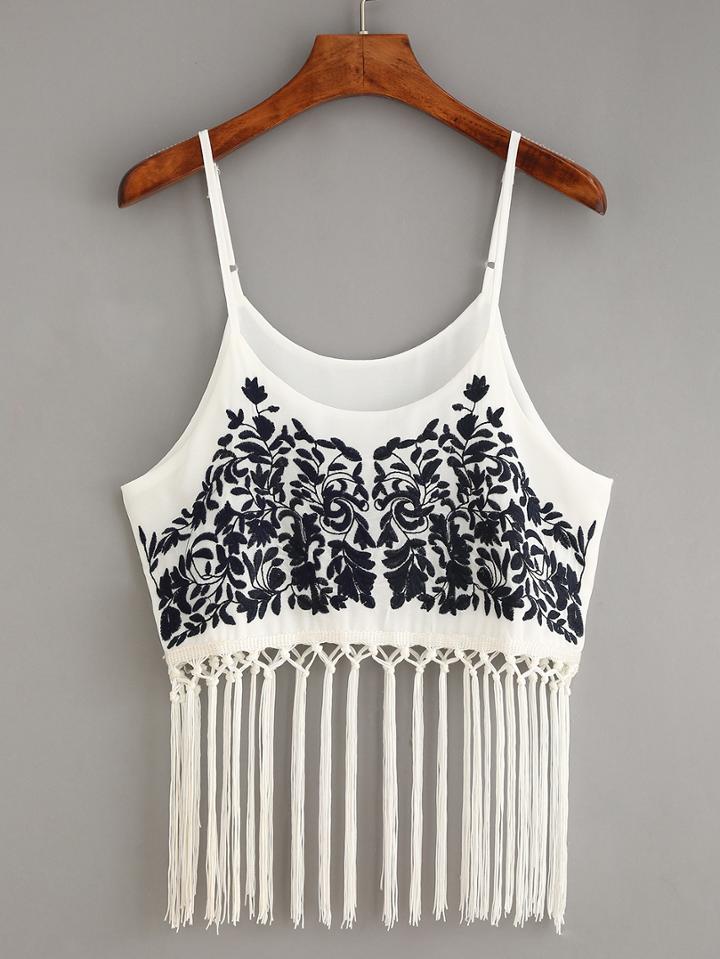 Shein Macrame Fringe Embroidered Cami Top - White