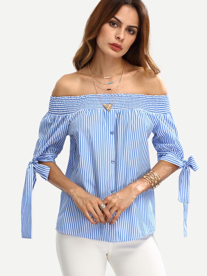 Shein Blue Off The Shoulder Bow Tie Cuff Blouse