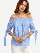 Shein Blue Off The Shoulder Bow Tie Cuff Blouse