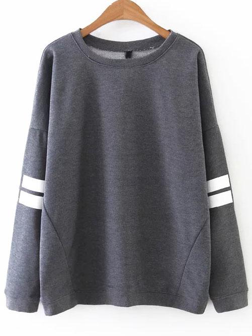 Shein Grey Striped Sleeve Drop Shoulder Seam Sweatshirt