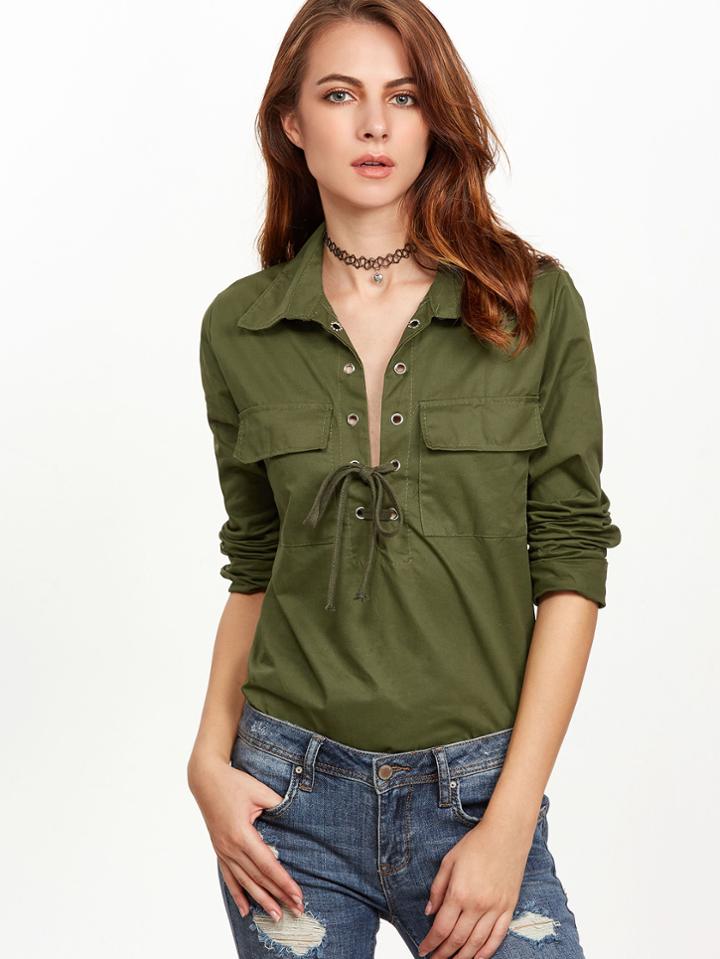 Shein Army Green Eyelet Lace Up Pockets Blouse