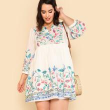 Shein Plus V Cut Front Lantern Sleeve Embroidered Smock Dress