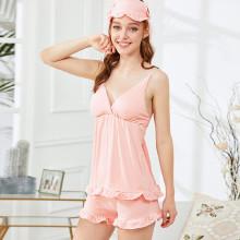 Shein Ruffle Hem Solid Pajama Set With Eye Mask