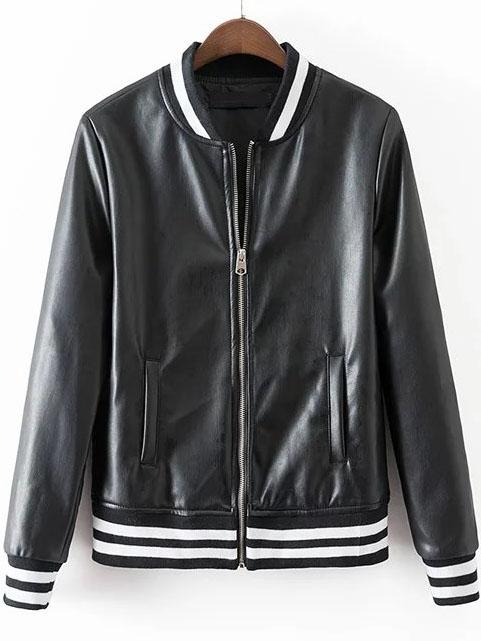 Shein Black Striped Trim Letter Pu Jacket